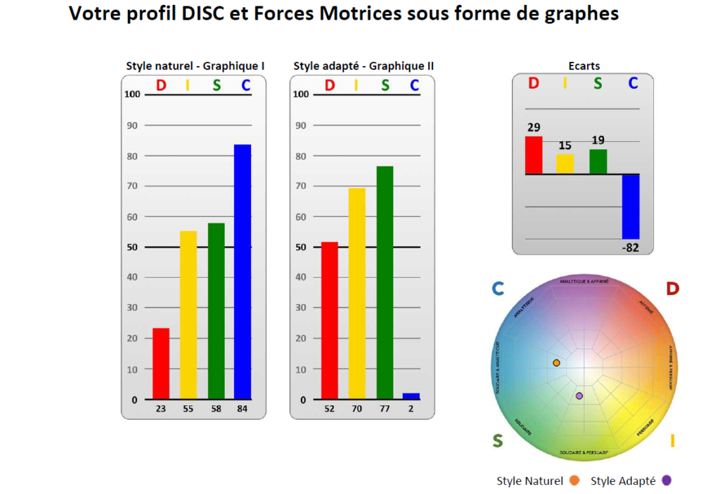 Graphiques du profil DISC et Forces Motrices : style naturel et style adapté, avec écarts et positionnement visuel. Exemple d’analyse comportementale et motivationnelle réalisée par Anthony Perrieau – Ambition Puissante.