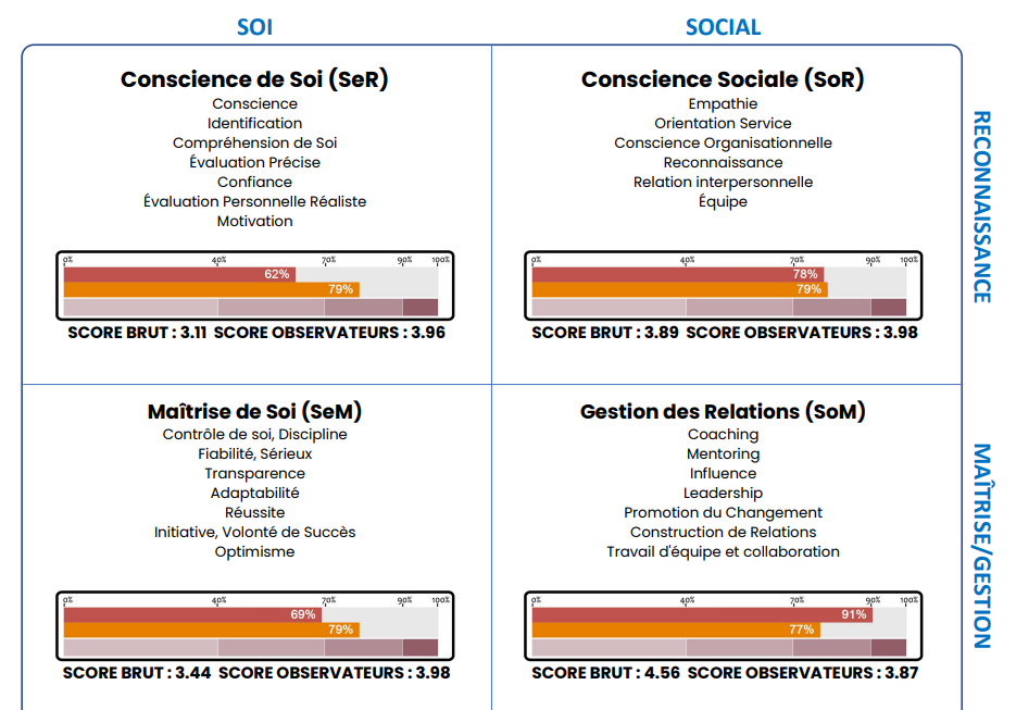 Profil d’Intelligence Émotionnelle (IEQ) : conscience de soi, conscience sociale, maîtrise de soi et gestion des relations, avec scores observateurs et auto-évaluations. Analyse proposée par Anthony Perrieau – Ambition Puissante.