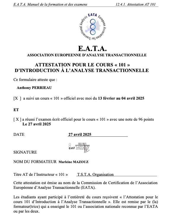 Coach AT Analyse Transactionnelle Anthony PERRIEAU avec E.A.T.A