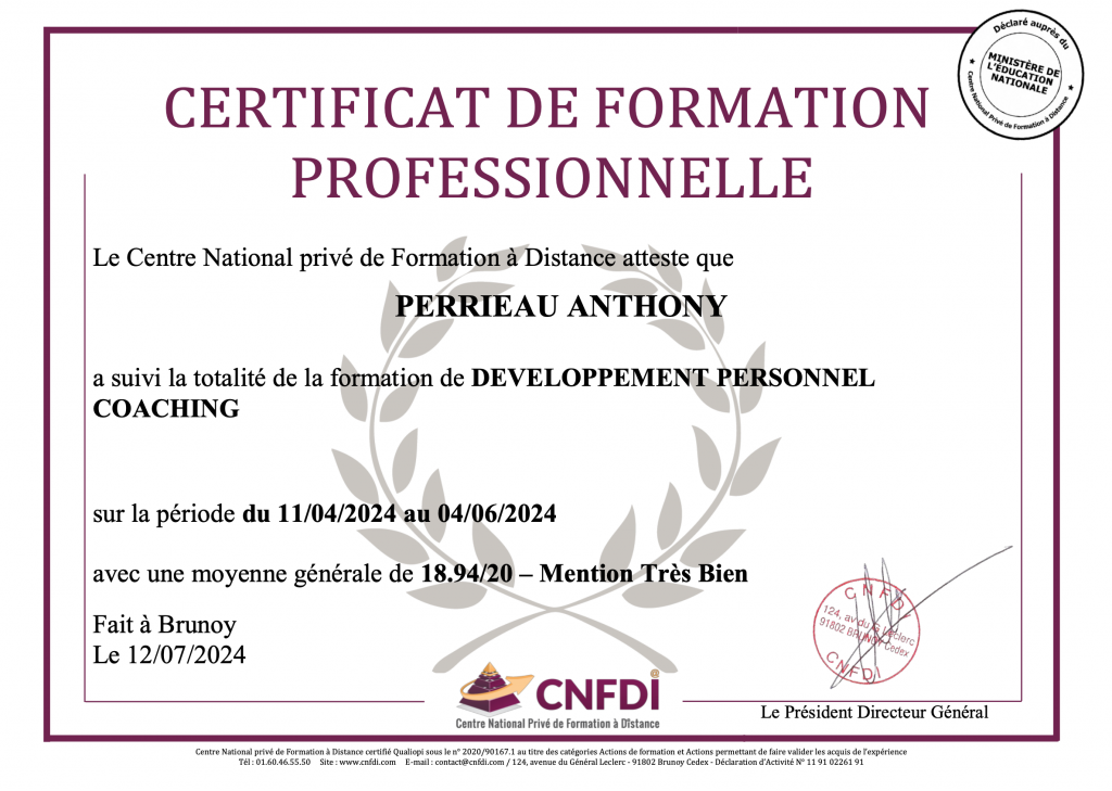 Coach de vie personnelle professionnelle Anthony PERRIEAU