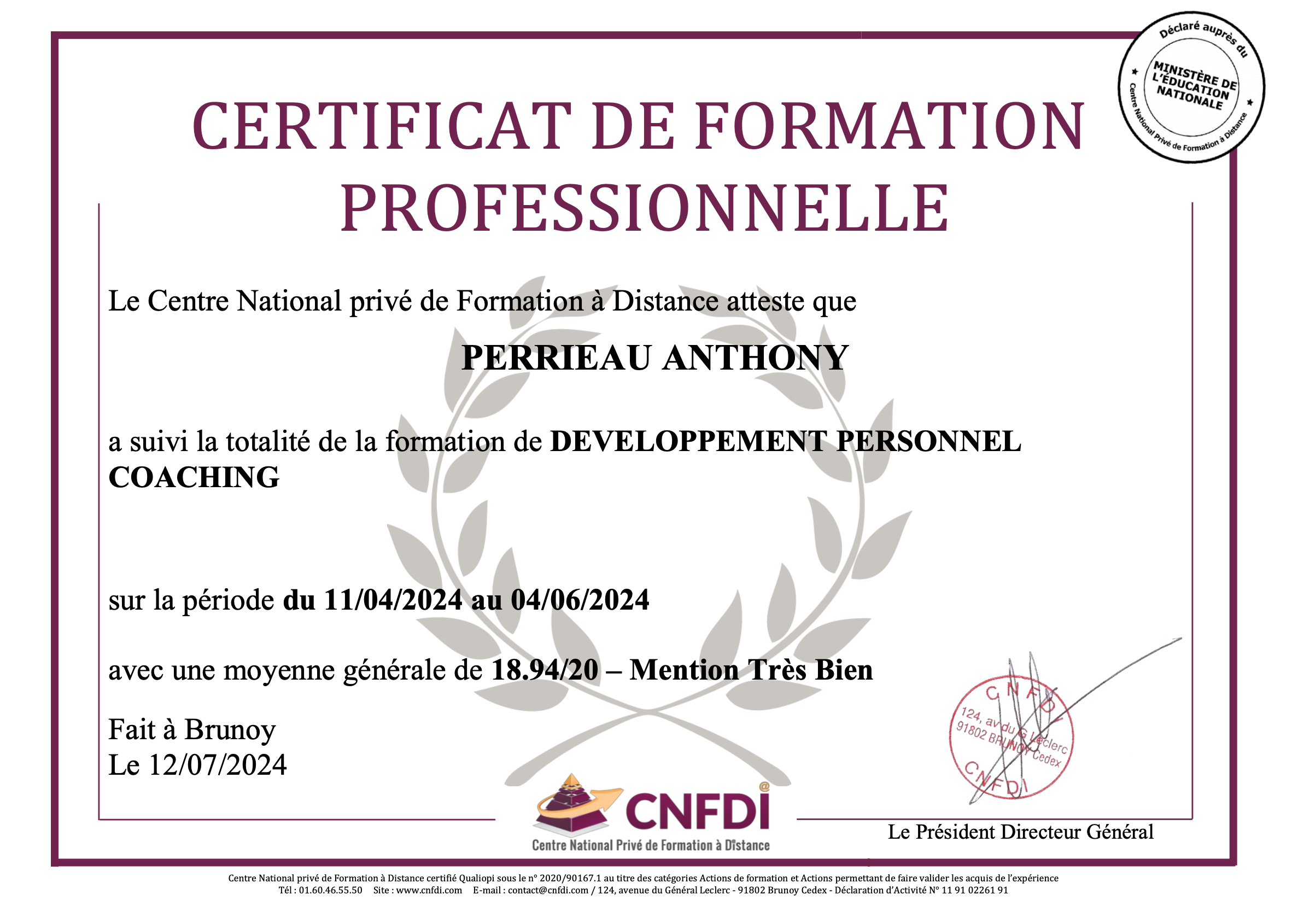 Coach de vie personnelle professionnelle Anthony PERRIEAU