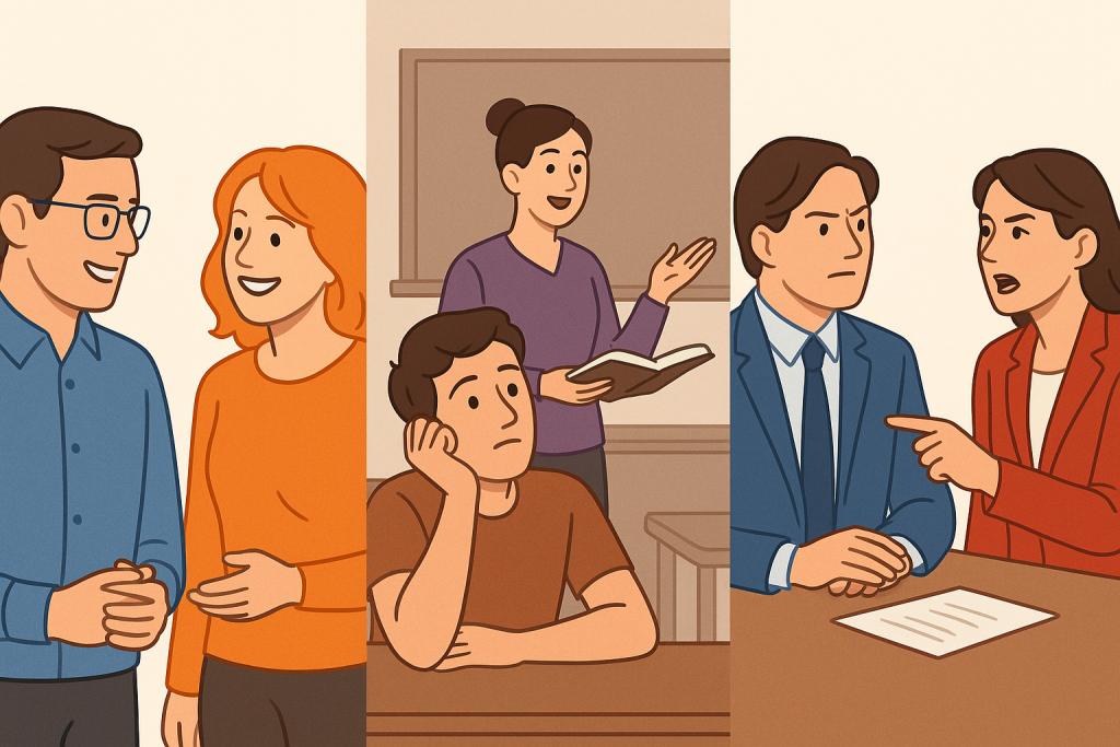 Illustration de trois situations PCM : une discussion entre un homme et une femme de profils différents, une scène de cours entre un professeur et un étudiant rêveur, et un entretien de travail tendu entre une cheffe exigeante et un collaborateur rationnel.