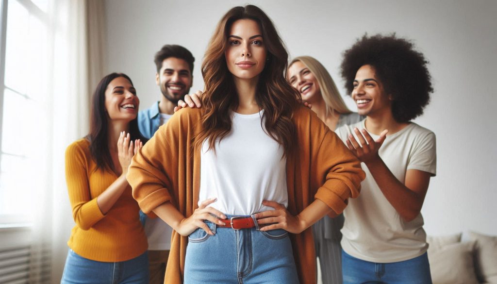 Femme affirmée et confiante au premier plan, entourée de collègues souriants qui la soutiennent — incarnation visuelle d'une posture relationnelle en +/+.