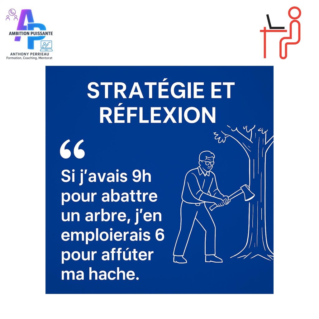 Citation sur la stratégie et la réflexion : « Si j’avais 9h pour abattre un arbre, j’en emploierais 6 pour affûter ma hache », mise en avant par Ambition Puissante, Anthony Perrieau, formateur et coach professionnel.