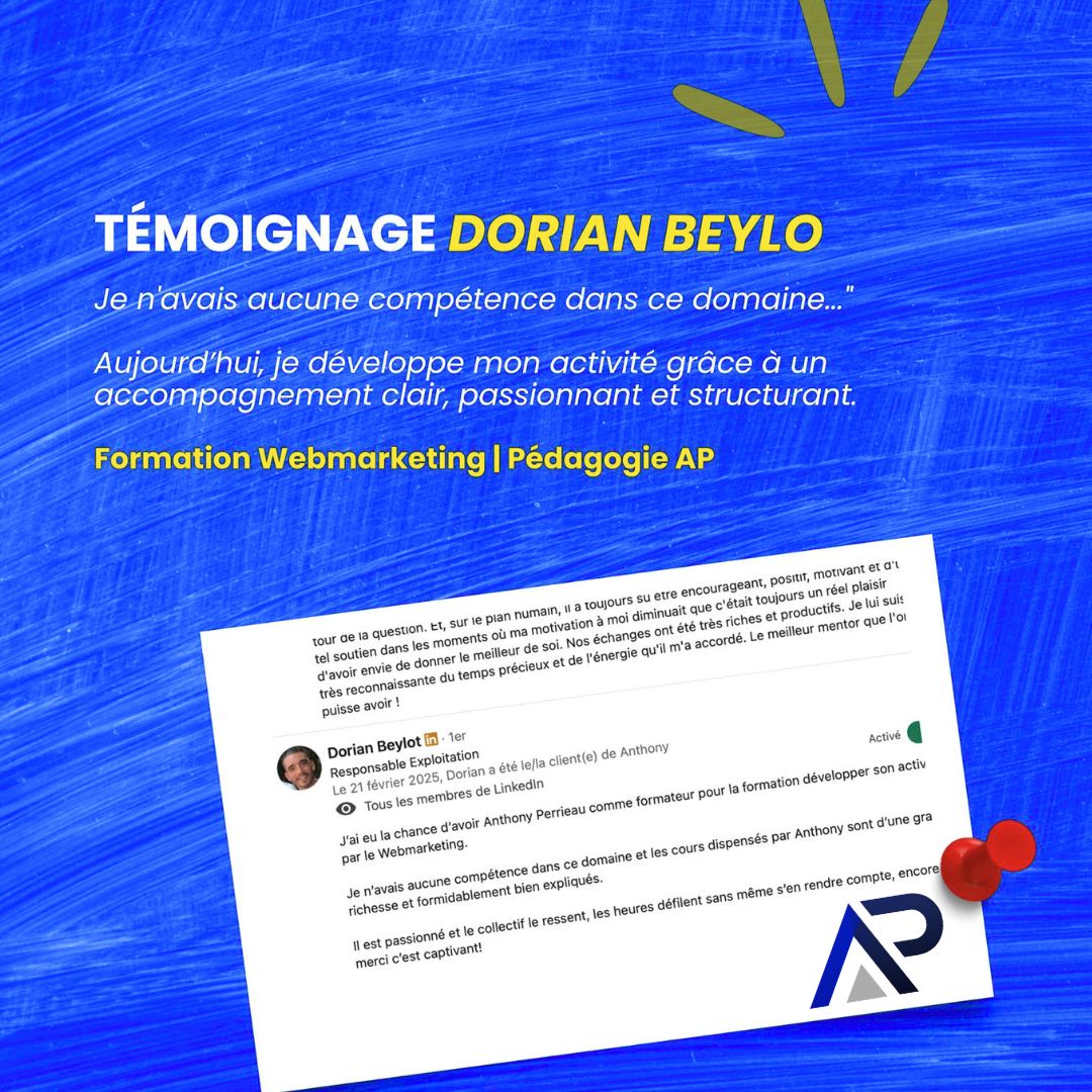 Témoignage de Dorian Beylo sur la formation webmarketing animée par Anthony Perrieau – Ambition Puissante : accompagnement structurant et pédagogique qui permet de développer une activité professionnelle.
